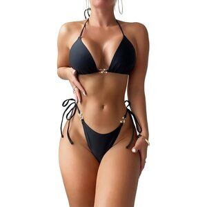 Women Black Cheeky Triangle Bikini Sets Sexy String Bathing Suit